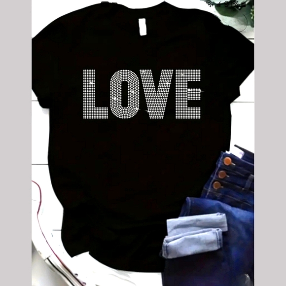 NWT "LOVE" Bling Rhinestone Stretch Black Short Sleeve Top - Picture 2 of 4